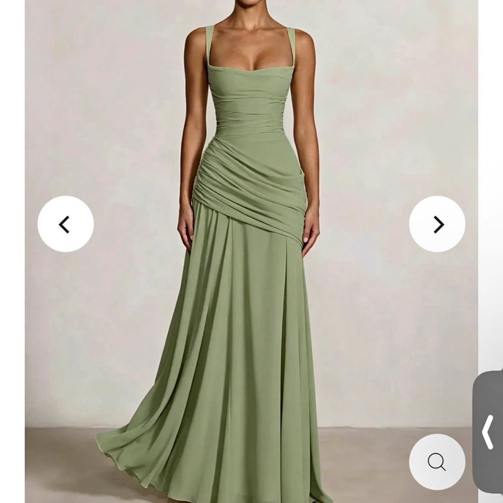 Sage Green Ruched Maxi Dress with Square Neckline